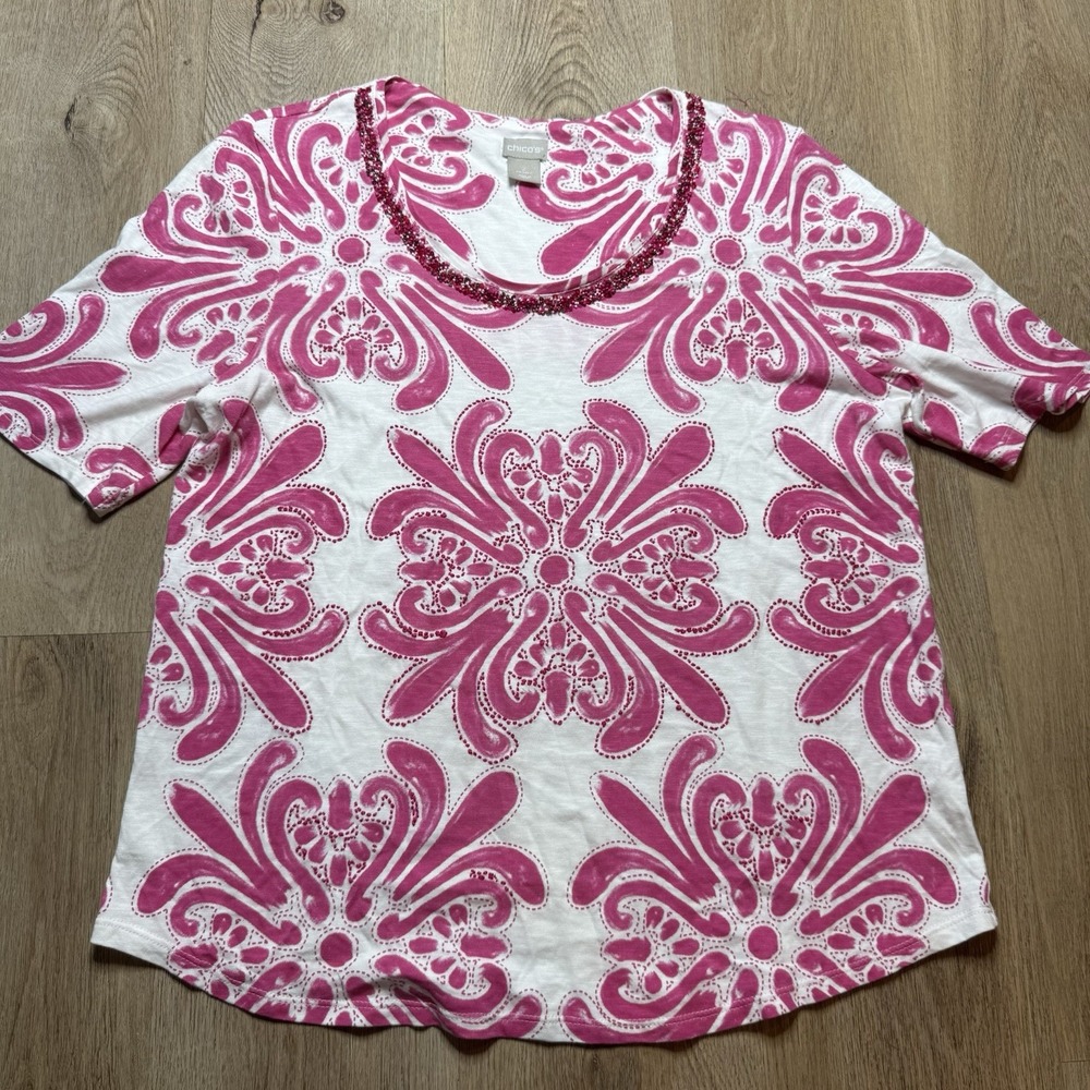 Chico's Shirt Womens Large 2 Coral Pink V-Neck 3/4 Sleeve Beaded Sequin Floral